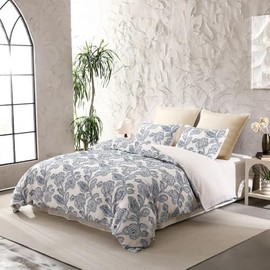 5-Piece All Season Jacquard Floral Comforter Set Queen Size | Casual Style Textured Pattern Shabby Chic Bedding | Ash Half Pearl White Blue Extra Bright & Gorgeous Colors | Elegant Romantic Stylish