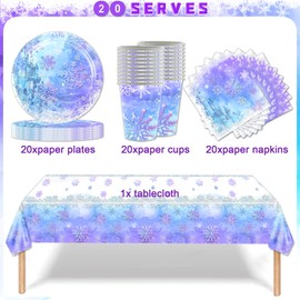 Shamoparty Blue and Purple Snow Party Tableware, Pack of 61 Party Table Decorations, Snowflake Party Tableware, Christmas, Children's Birthday Party Decoration, Table Decoration in Winter Wonderland