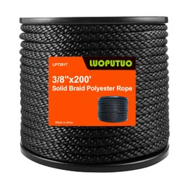3/8 Inch 200FT Black Polyester Solid Braid Rope | High UV & Abrasion Resistance | Industrial Grade, Low Stretch | Multipurpose for Flag Poles, Clotheslines