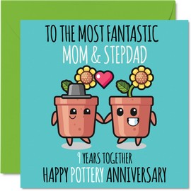 Cute Pottery Anniversary Card for Mom & Step Dad - 9 Years Together - Happy 9th Wedding Anniversary Cards for Step Dad Mom, 5.7 x 5.7 Inch Greeting Cards for Ninth Anniversaries