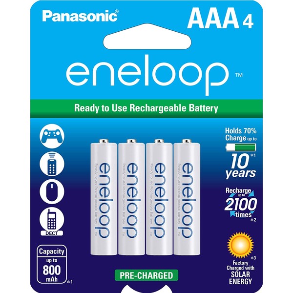 Panasonic BK-4MCCA4BA eneloop AAA 2100 Cycle Ni-MH Pre-Charged Rechargeable Batteries, Pack of 4