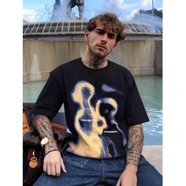 Mens Graphic Tees Oversized Cotton T-Shirt Summer Vintage Streetwear Y2K Shirts Unisex Tops Black XL