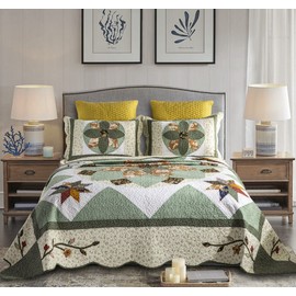 YAYIDAY Patchwork Bedspread Quilt Set Oversized King (Touch Floor Size) - Reversible Breathable Blanket Floral Quilted Coverlet with Pillow Shams, Country Rustic Star Green Pattern Rural