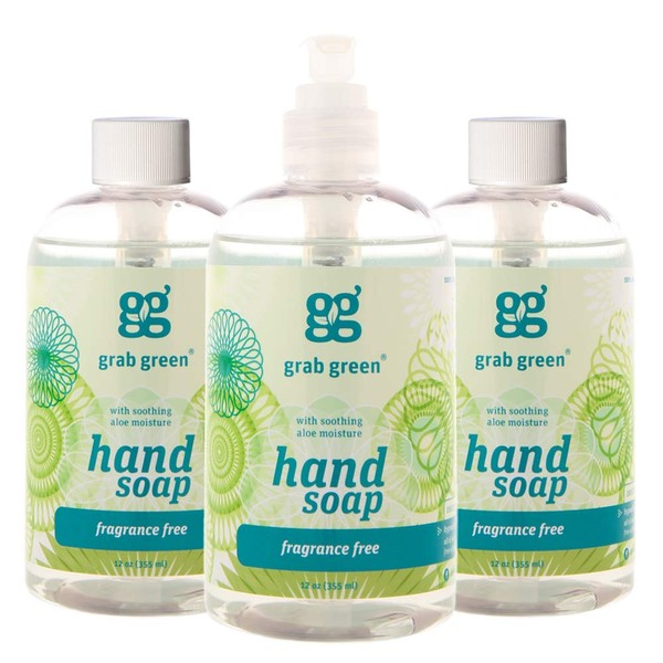 Grab Green Hand Soap, 12 Ounce (Pack of 3), Fragrance Free, Biodegradable, Plant and Mineral Based, with Soothing Aloe Moisture