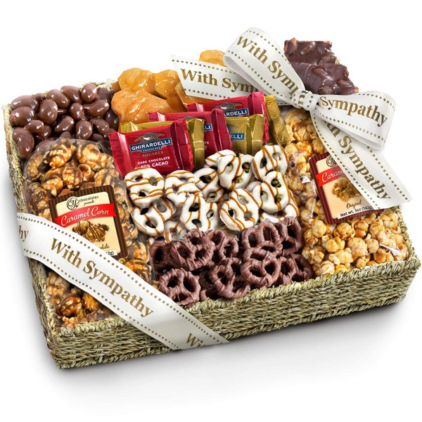 With Sympathy Chocolate Caramel and Crunch Grand Gift Basket with Snacks, Pretzels, Ghirardelli and Chocolate-covered Nuts