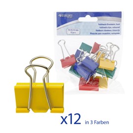 Westcott E-10716 00 Foldback Clips, Pack of 12 Mix, Metal Clips for Documents, 4 x 19 mm, 4 x 25 mm, 4 x 32 mm, Sturdy and Reusable Paper Clips, Clamps for Office and Household