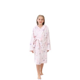 V.&GRIN Girls Fleece Robes, Hooded Plush Soft Fuzzy Warm Fluffy Bathrobe for Kids 3-14 Years（Pink/Stars 3-4）