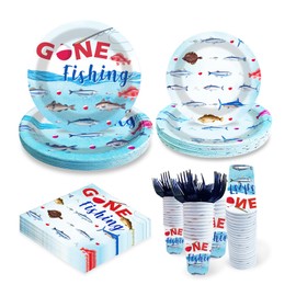 EggSun Gone Fishing Birthday Party Plates and Napkins Decorations Kit,Fishing Themed Tableware Supplies for Birthday Little Fisherman Favors Party Decor Service 24 Guests
