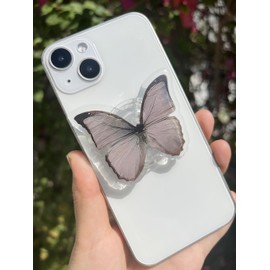 PetitePop Butterfly Sticky Mobile Phone Grip, Clear Cell Phone Stand, Expanding Cell Phone Charms Accessory, Interchangeable Finger Kickstand, Collapsible Handle Grip Holder for Kindle