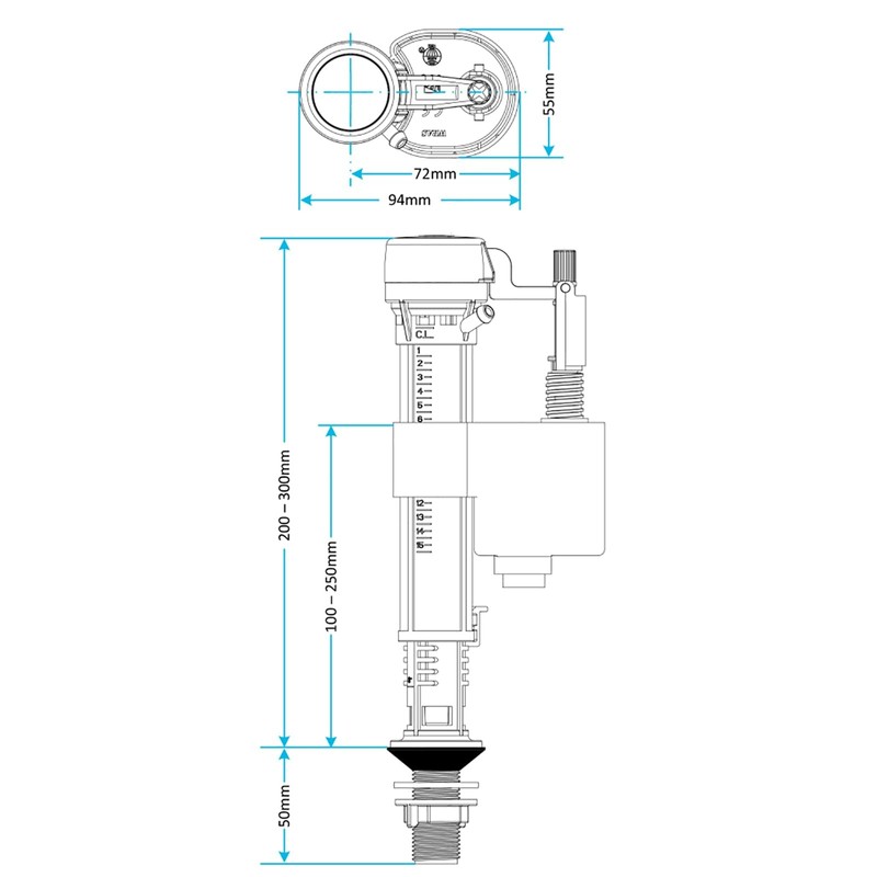 SPARES2GO Toilet Cistern Fill Valve Universal 1/2" BSP Adjustable Water
