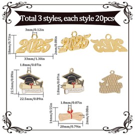 SUNNYCLUE 1 Box 60Pcs Graduation Charm 2025 Graduate Charms Gold Alloy Metal Student Year Tassel Signet Diploma Charm for Jewelry Making Charms Diy Necklaces Bracelets Earrings Gifts Women Adults