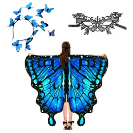 Womens Girls Butterfly Wings Shawl, Adult Butterfly Wings Cape with Black Lace Eye Mask and Three-dimensional Butterfly Headband, Butterfly Costumes Fairy Pixie Cloak Fancy Dress Props Accessory(Blue)