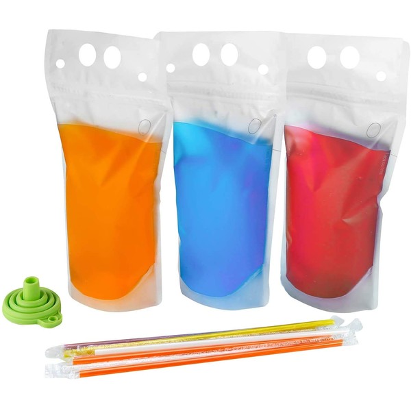 200PCS Drink Pouches with Straw Smoothie Bags Juice Pouches with 200 Drink Straws, Heavy Duty Hand-Held Translucent Reclosable Liquor Pouches Bag by C CRYSTAL LEMON