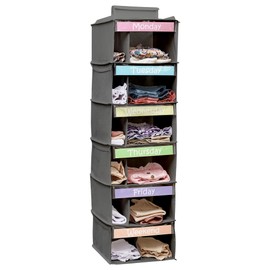 Houseables Kids Clothes Organizer, Weekly Clothes Organizer for Kids, Closet Daily Outfit Storage, Monday Through Friday Clothing Planner, Day of The Week, Weekday, School, Hanging, 6 Shelf, Grey