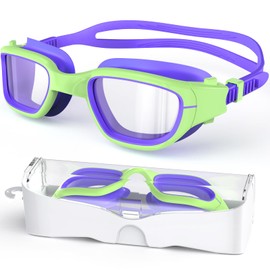 Zeligerstar Kids Swim Goggles,Swimming Goggles for Kids 6-14, Anti-Fog UV Protection Pool Goggles for Boys Girls (Grass Green/Purple+Clear Lens)