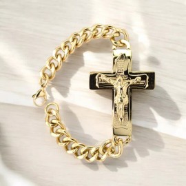 Unbranded Jesus Cross Men's Stainless Steel Gold Plated Cuban Link Bracelets 9"