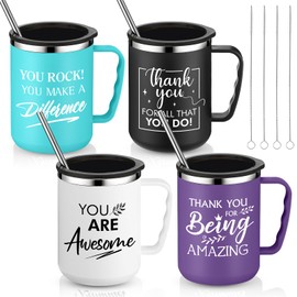 Sumind Thank You Gifts 17 oz Employee Inspirational Stainless Steel Coffee Mugs with Handle Lid Straw for Women Volunteer Teachers(White, Black, Green, Purple,4 Pcs)