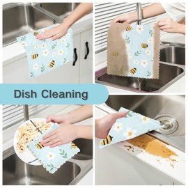 Mnsruu Cute Bee Daisy Floral 6 Pack Dish Towels, Kitchen Cloth Dishcloths Absorbent Reusable Dishtowels Washable Tea Towels Table Cleaning Cloths
