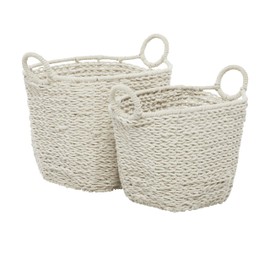 CosmoLiving by Cosmopolitan Cotton Fabric Handmade Decorative and Functional Storage Basket Basket Organizer with Handles, Set of 2 Basket for Storage 16", 18"H, White