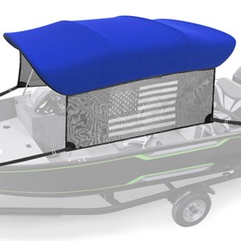 KEMIMOTO 4 Bow Bimini Top Replacement with Detachable Mesh Sidewalls 600D Marine Grade Canvas Heavy Duty Cover Boat Canopy Waterproof Sun Shade Easy Install Without Frame for Boats, Blue 97"-103" W