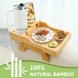 AISONGDONG Couch Armrest Table, Versatile Bamboo Sofa Arm Tray with 360° Rotatable Phone Holder & Dual Cup Holders, Foldable Sofa Armrest Tray Table for Couch in Living Room(15.3" x 9.8", Bamboo)
