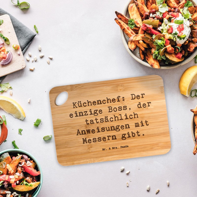 Mr. & Mrs. Panda Bambus - Schneidebrett Spruch Küchenchef: Der