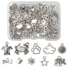 MakemadeDIY 100 piezas de lindos dijes colgantes de metal, 10 estilos de animales, tortuga, elefante, corazón, estrella, para hacer joyas, collares, pulseras, aretes, manualidades