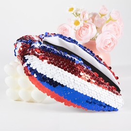CIEHER 4th of July Headband for Women Girls Knotted Headbands Red White and Blue Sequin Beaded Patriotic Hairband Independence Day Head Band
