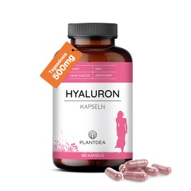 Hyaluron Kapseln I 500mg Tagesdosis I 180 Kapseln hochdosiert I laborgeprüft I Bio Natriumhyaluronat Pulver I veganes Präparat I Ohne Zusätze I PlantDEA