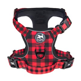 PoyPet No Pull Dog Harness, [Release at Neck] Reflective Adjustable No Choke Pet Vest with Front & Back 2 Leash Attachments, Soft Control Training Handle, Plaid(Checkered Red, S)