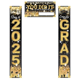 3pcs 2025 Graduation Banners DIY, Congrats Grad Door Banners Class of 2025 You Did It Grad Backdrop Porch Sign Commemorative Photo Props for College Graduation Party Decorations(Black & Gold)