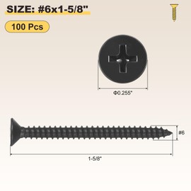 METALLIXITY Countersunk Phillips Wood Screws (#6x1-5/8") 100Pcs, Carbon Steel Coarse Thread Phillips Drive Flat Head Wood Screws - for Furniture Installation Repair, Black