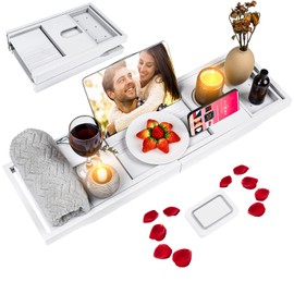 Foldable Bathtub Caddy Tray, Bamboo Bath Tub Tray Table for Tub with Wine Glass Holder Book Phone Tablet Holder with Extending Sides, Adjustable Bathroom Bathtub Free Soap Holder Gift Idea (White)