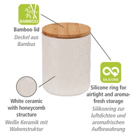 WENKO Maya Storage Tin Made of High-Quality White Ceramic with Honeycomb Structure, Dishwasher-Safe Tin with Airtight Lid Made of Bamboo, FSC® Certified, 400 ml, Diameter 9.5 x 12 cm