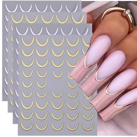 MOLILON 4 Sheets French Tip Nail Stickers, Self-Adhesive Nail Tips, Metal French Manicure Strips, Gold Silver Black White Smile Line Nail Decals Design for Women Girls DIY Decoration