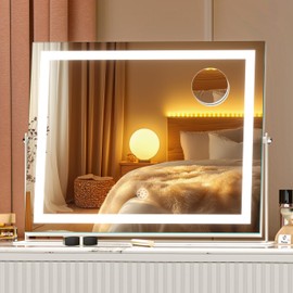 Hasipu Vanity Mirror with Lights, 13.8" x 11.4" LED Makeup Mirror, 3 Color Modes Touch Control and Brightness Adjustment Lighting Mirror, 10X Magnifying Glass, 360° Rotation