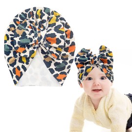 SHANFAA Cute Leopard Print Baby Turban Hats with Bow,Baby Hat for Girls, Baby Boys Caps, Toddler, Newborn,Infant Hat Unisex Multicolour