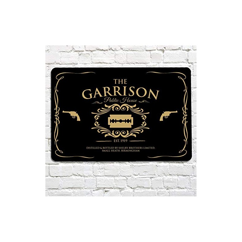 The Garrison, gold black pub A4 metal sign