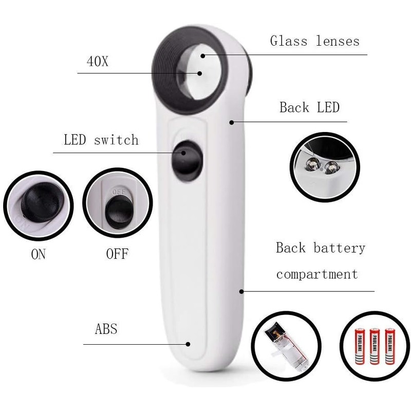 Lupa de mano 40X con luz LED JXYZWJJ de alta