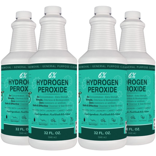 6% Hydrogen Peroxide Solution (4 Pack) of 32 Fl Oz Bottles (Just Food-Grade H2O2 & Water!) - Ecofriendly Natural Cleaning Solution for Kitchen, Bath, Laundry, and More - Child-Safe Cap Made in USA