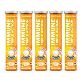 Nutrazul Immune Triple Action Effervescent Tablets - Vitamin C 1000 mg, Vitamin D 400 IU, Zinc 10mg I Orange 20's ( Pack of 5) I Gluten Free, Sugar Free, Lactose Free & Preservative Free I Maintains Immune Function, Healthy Bones, Cartilage, Teeth & Gums