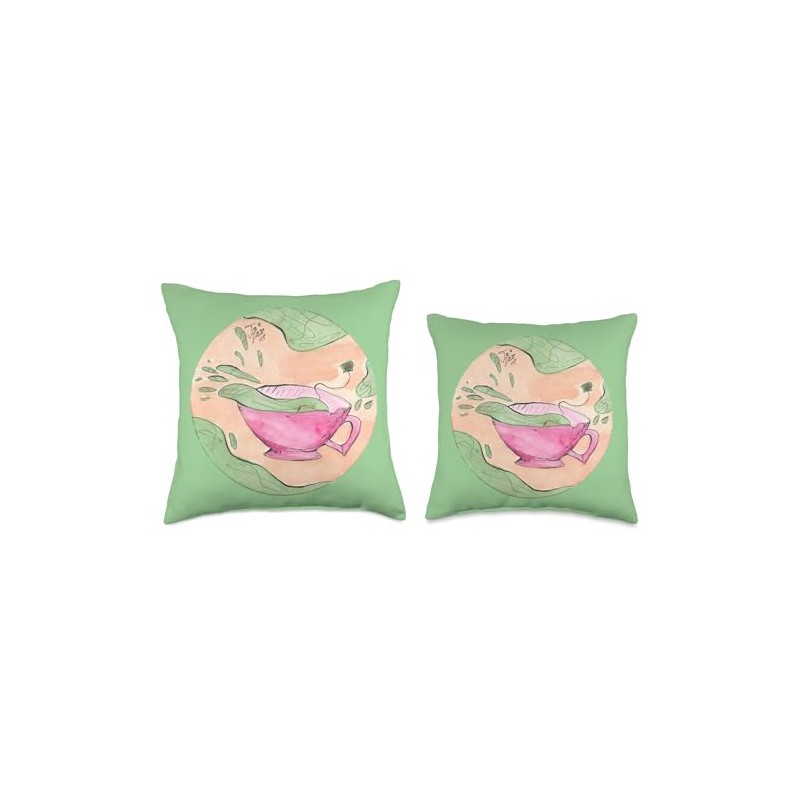 Matcha Whimsical Tea Design Throw Pillow