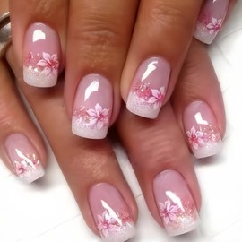 French Tip Press on Nails Medium Acrylic Nails with Flowers Design Square Fake Nails Pink Flower Nails Kit Glossy Artificial Nails Full Cover False Nail Stick on Nails for Women Nail Art Decoration