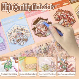 Afufu Cute Stickers for Adults & Kids, 20 Sets 3D Sticker Scene DIY Miniature House Kit, Reusable Sticker Book Sticker Therapy Store, Non Toxic Safe Craft Set for Stress Relief Creative Fun Collection