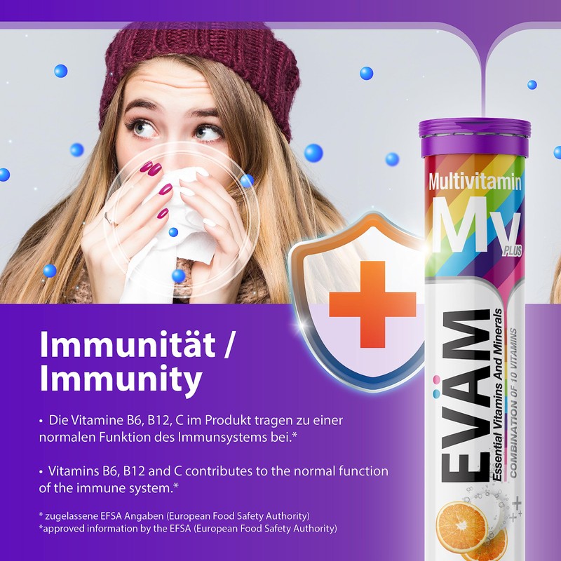 EVÄM Multivitamin Effervescent Tablets, Orange Flavour, 2 x 20 Pieces,