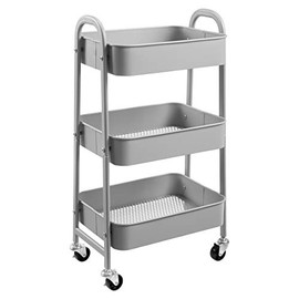 AGTEK Makeup Cart, Movable Rolling Organizer Cart, 3 Tier Metal Utility Cart, Grey