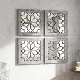 HMANGE Set of 4 Boho Wall Mirrors with Carved Floral Design, 12x12 Inch Rustic Farmhouse Accent Mirrors, Vintage Style Shatterproof Square Mirror Decor for Living Room, Bedroom(Brown)