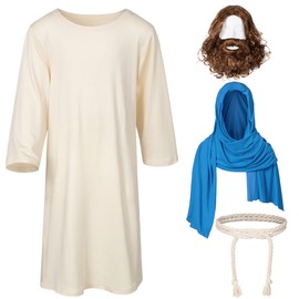 Irtysh Kids Jesus Saint Religious Biblical Robe Fancy Dress Costume Wig Moustache Scarf Shawl Waist Rope set(Blue 3-4 Years)