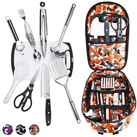 Wellmax Camping Utensils Cooking Set, Camping cookware with Kitchen Knife and Equipment, Camping Accessories and Supplies with Travel Organizer, Orange Camo Color