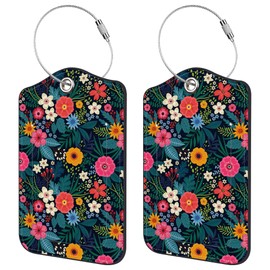 Neidius 2 Pack Luggage Tags,Colorful Flowers PU Leather Idea Baggage Tag with ID Labels Privacy Cover Metal Ring Men and Women Travel Bag Labels